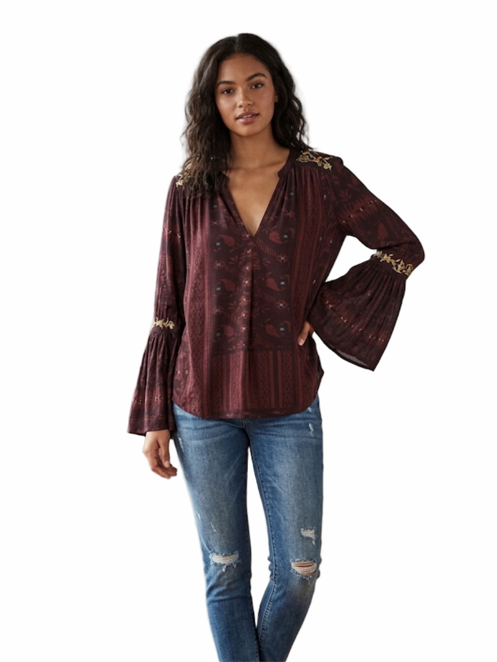 Lucky Brand  Boho Peasant Blouse Long Sleeve Embroidered Floral V-Neck Small